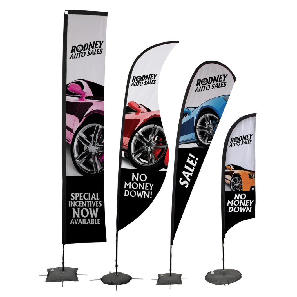 feather and teardrop flag for business promotions