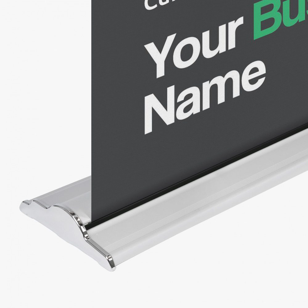 Roll up banner stand base close-up, aluminum frame display stand for custom advertising banner