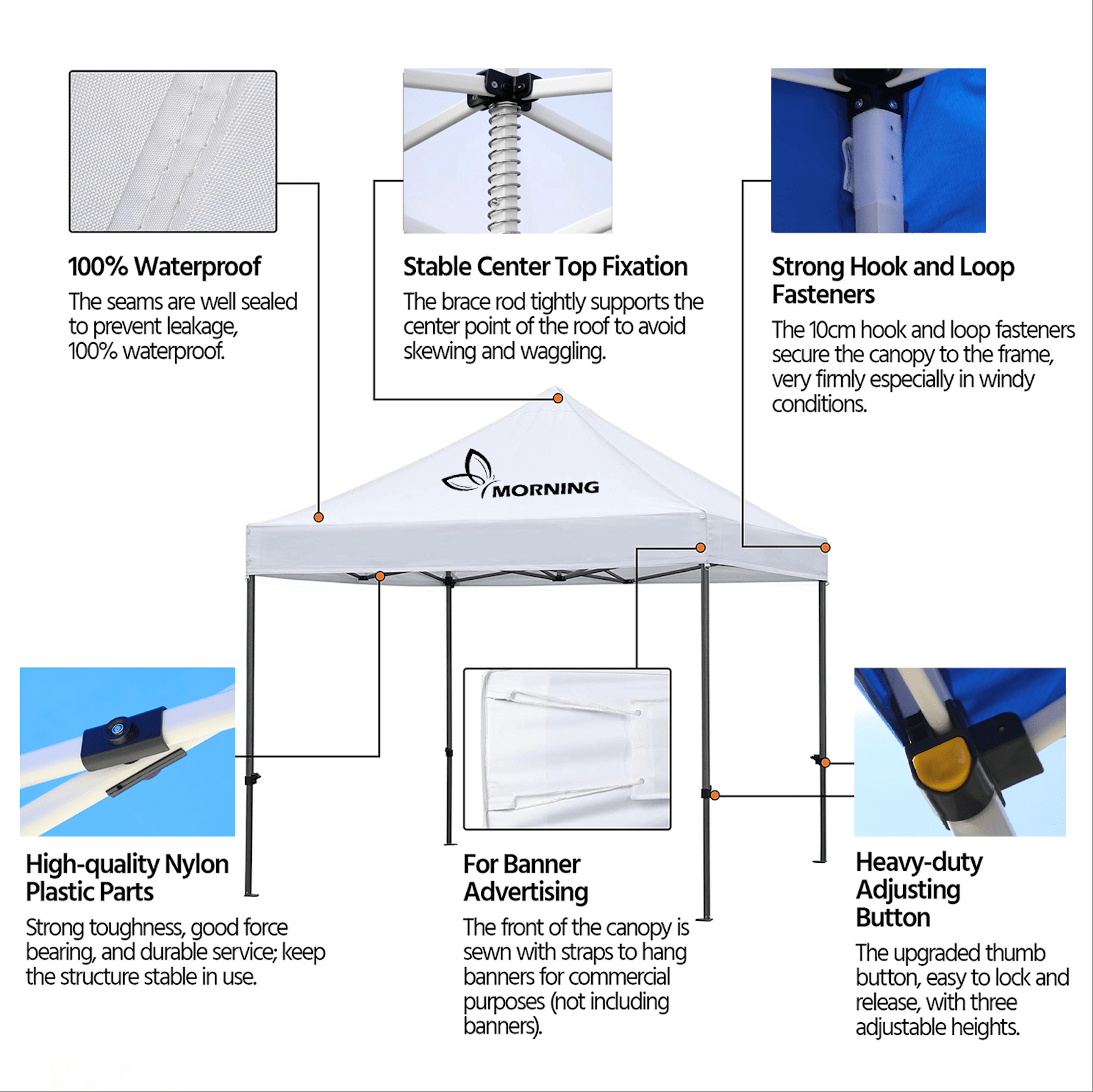 Close-up of food tent frame and fabric materials