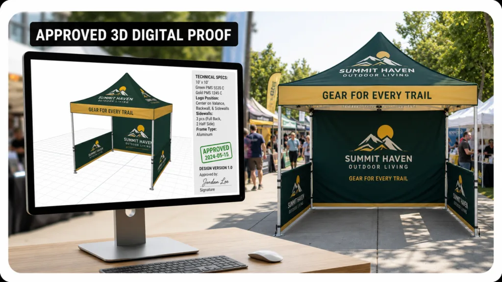 Approved artwork proof beside a finished custom event produc